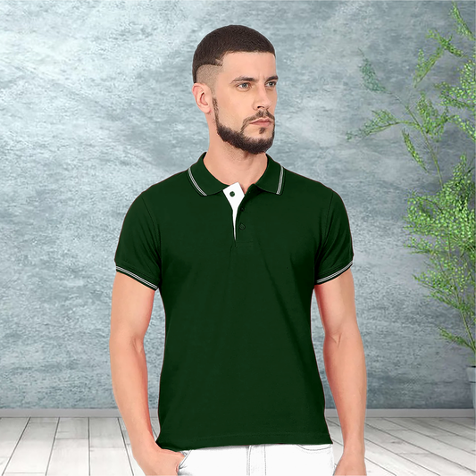 Starling Apparels Tipping Military Green Polo Collar T-Shirt