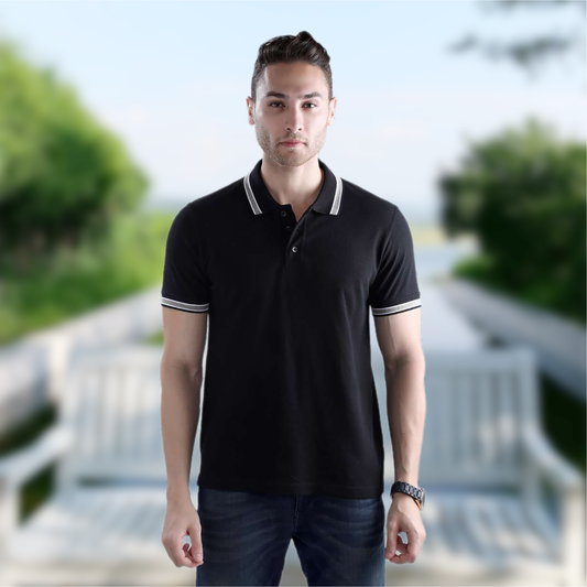 Wild Star Black Polo T-Shirt with White & Grey Collar Trim