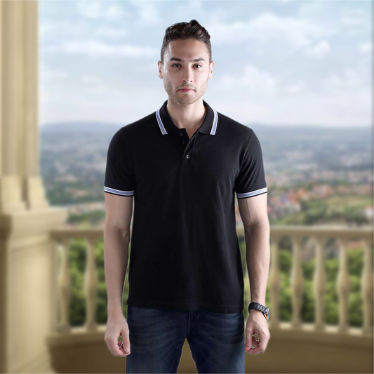 Wild Star Black Polo T-Shirt with White & Blue Collar Trim