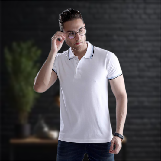 Wild Star White Polo T-Shirt with Blue & Black Collar Trim