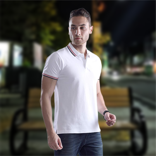 Wild Star White Polo T-Shirt with Red & Black Collar Trim