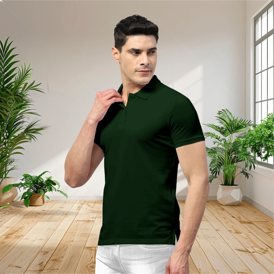 Starling Apparels Solid Military Green Polo Collar T-Shirt