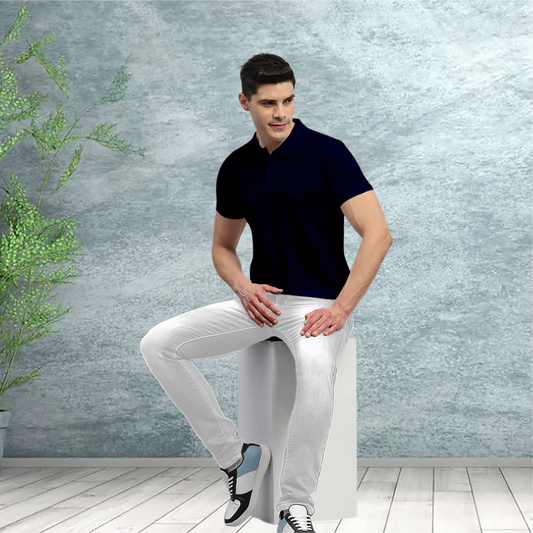 Starling Apparels Solid Navy Blue Polo Collar T-Shirt