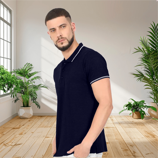 Starling Apparels Tipping Navy Blue Polo Collar T-Shirt