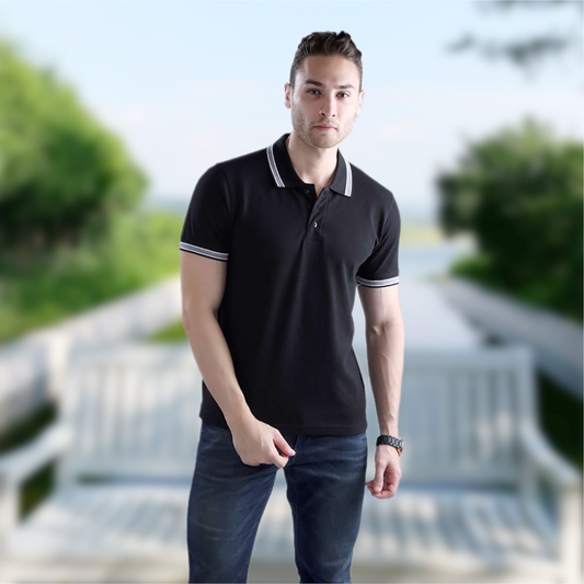 Wild Star Black Polo T-Shirt with White & Grey Collar Trim