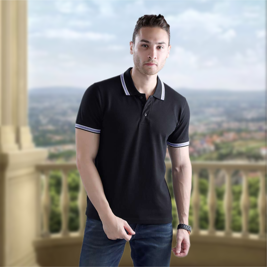 Wild Star Black Polo T-Shirt with White & Blue Collar Trim