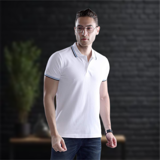 Wild Star White Polo T-Shirt with Blue & Black Collar Trim