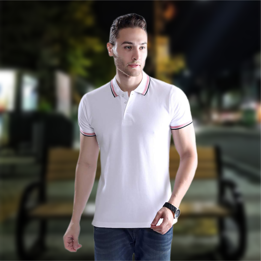 Wild Star White Polo T-Shirt with Red & Black Collar Trim