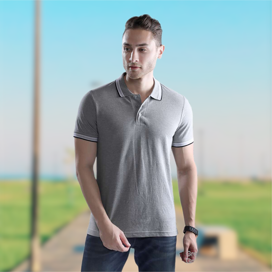 Wild Star Grey Polo T-Shirt with Grey & Black Collar Trim
